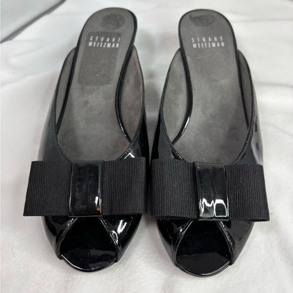 Stuart Weitzman Candy Black Patent Leather Wedge Heel Mule Size 6.5 - Picture 2 of 16